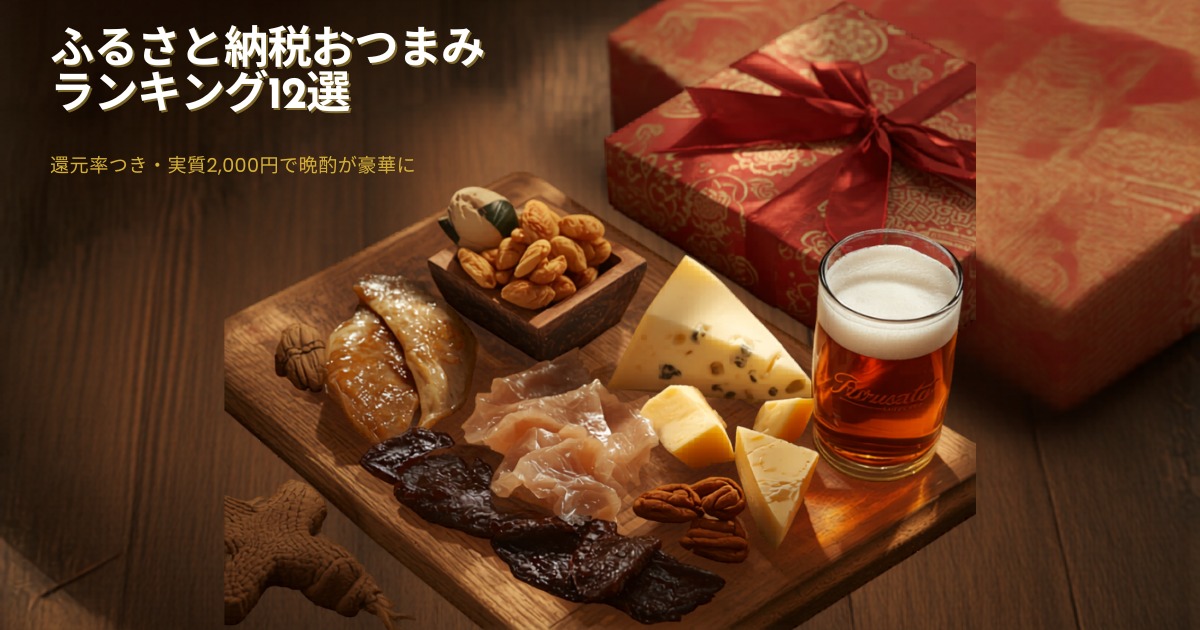 ふるさと納税の返礼品おつまみ（干物・ジャーキー・チーズ・ナッツ）とビールを並べた晩酌の食卓